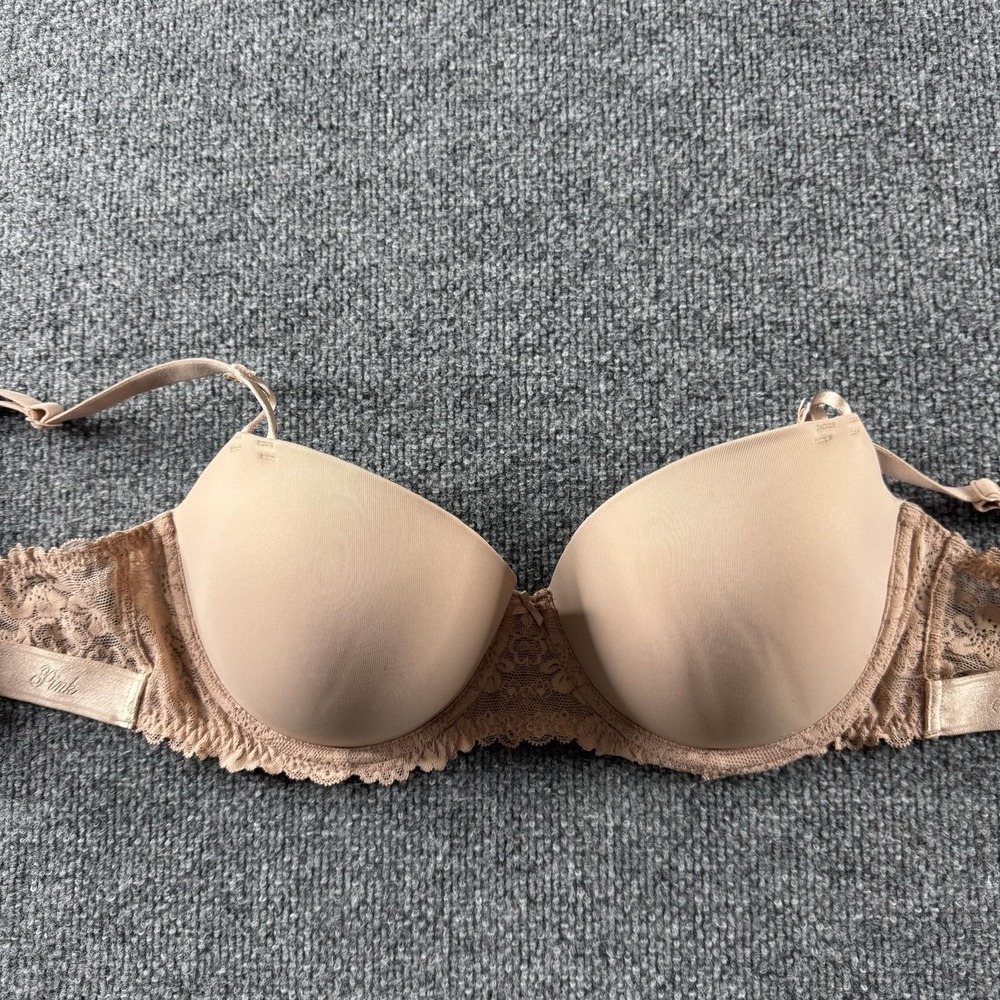 PINK Push Up Balconette Bra Womens 36D Beige Lace Padded Underwire Stretch